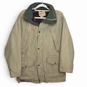 Woolrich Rugged Outdoorwear Khaki Field Jacket Plaid Wool Lined Mens medium Tan